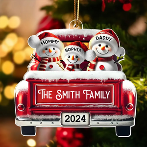 Personalized Snowman Family Acrylic Christmas Ornament, Red Truck Custom Name