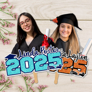 Glitter 2025 Photo Graduation Face Fans With Wooden Handle, Gift For Graduation Party