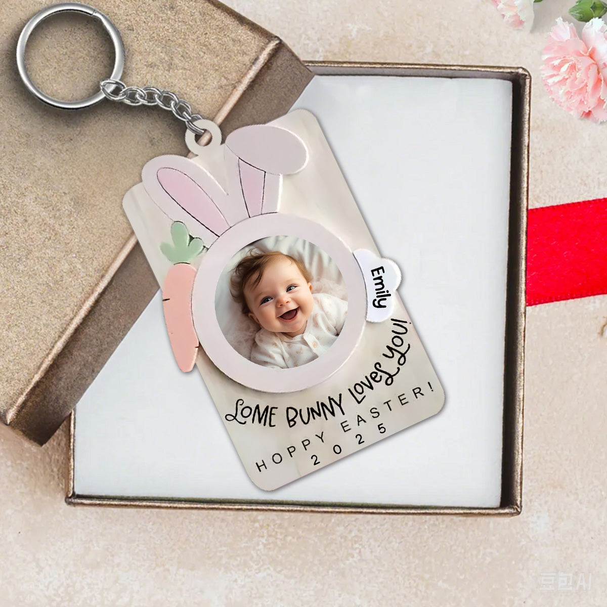 Love Bunny Love You - Personalized Photo Wooden Keychain - Easter Day Gift