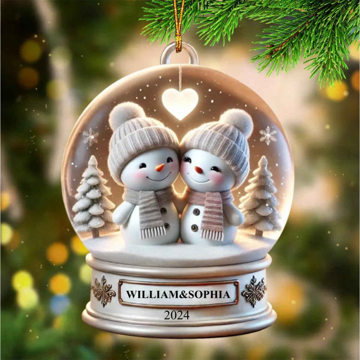 Snow Globe Snowman Couple White Christmas Acrylic Ornament, Personalized Couple Ornament, Christmas Gift For Married Engaged Couples