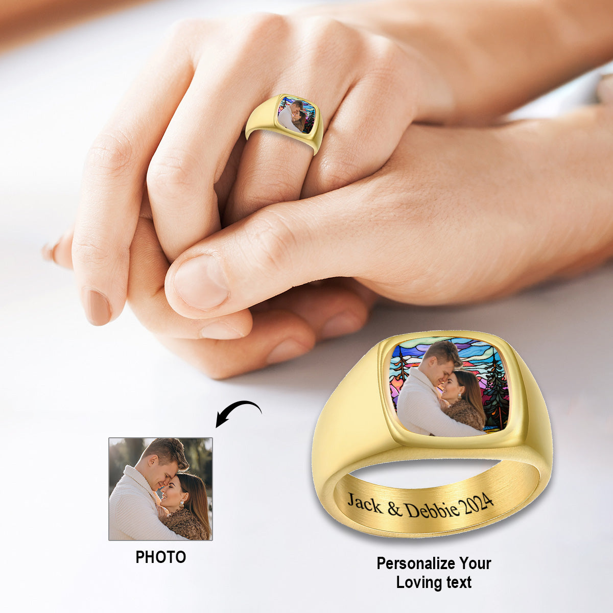 Love You Forever - Personalized Stained Glass Background Upload Photo Square Ring