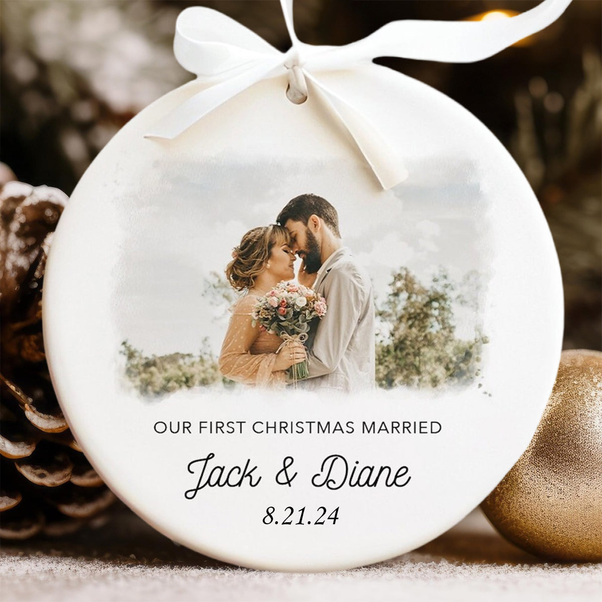 Personalized Photo Couple First Christmas Married Christmas Ceramic Ornament