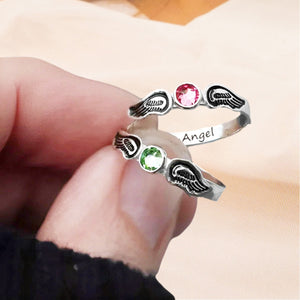 For Memorial - Personalized Name & Birthstone Angel Wing Ring