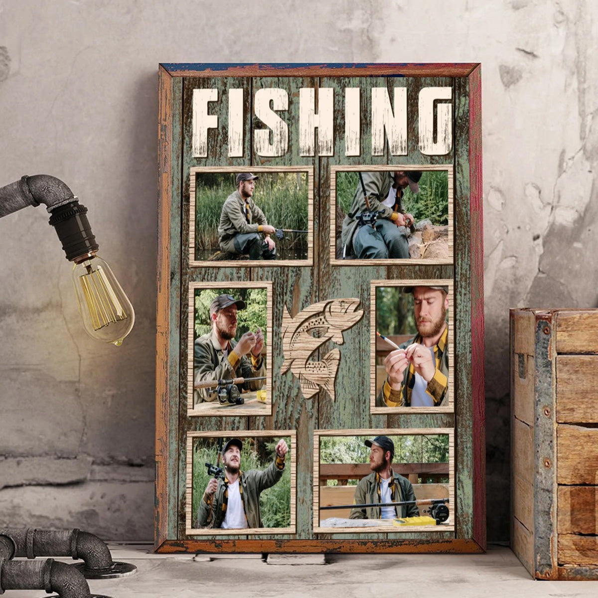 Personalized Fisherman Fishing Photo Collage Canvas Poster, Fishing Gifts For Men