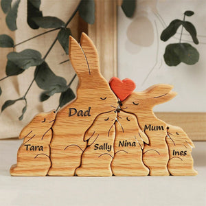 Personalized Wooden Bunny Family Puzzle, Art Carvings Gift For Family