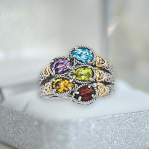 Personalized Family Cluster Mother's Birthstone Antiqued Ring 2 - 5 Stones