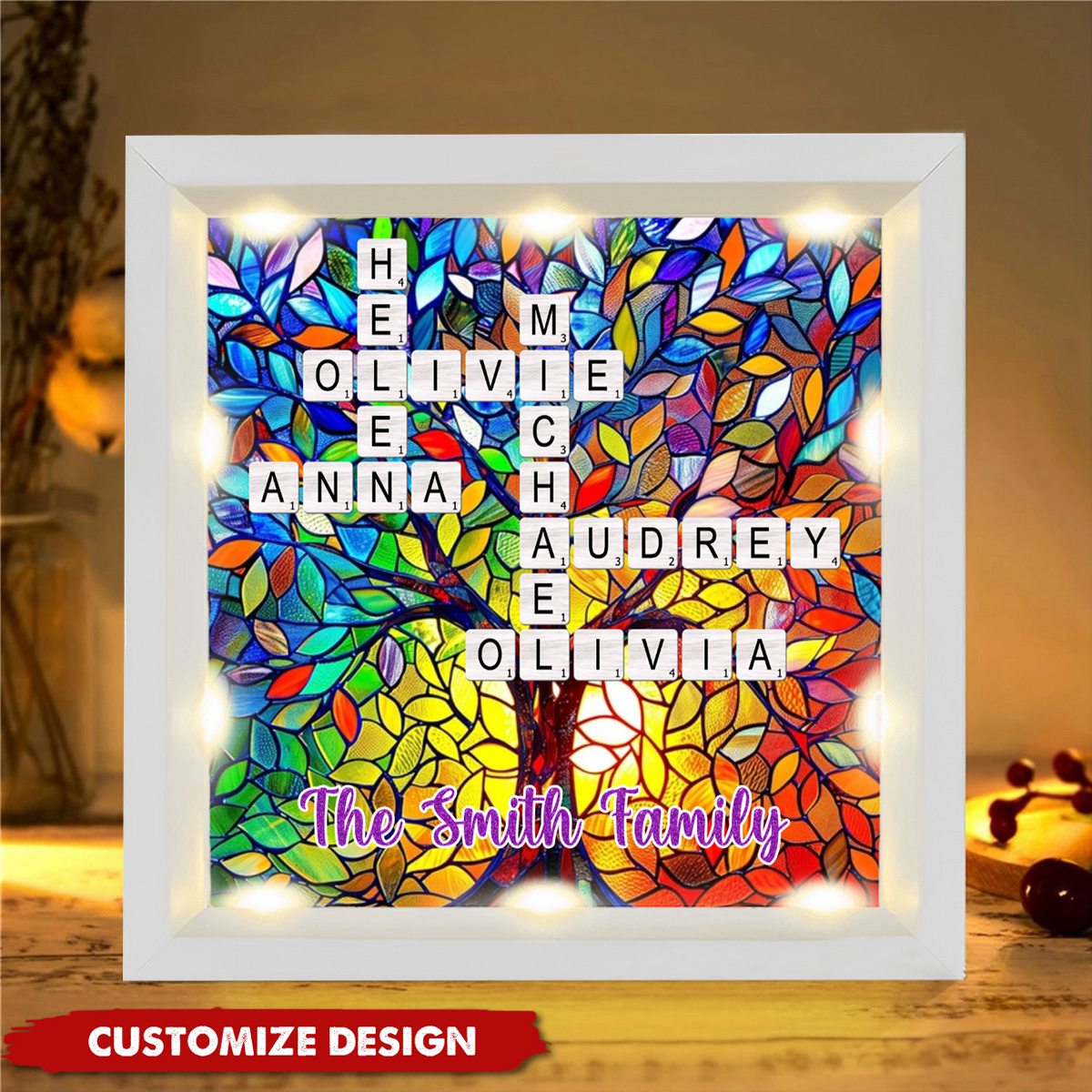 Personalized Rainbow Family Tree Name Crossword Shadow Light Box