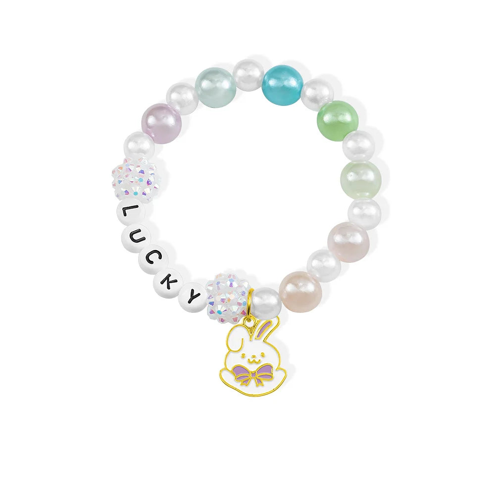 Personalized Cute Pearl Beaded Stretch Name Bracelet with Bunny Charm Easter Gift for Kids