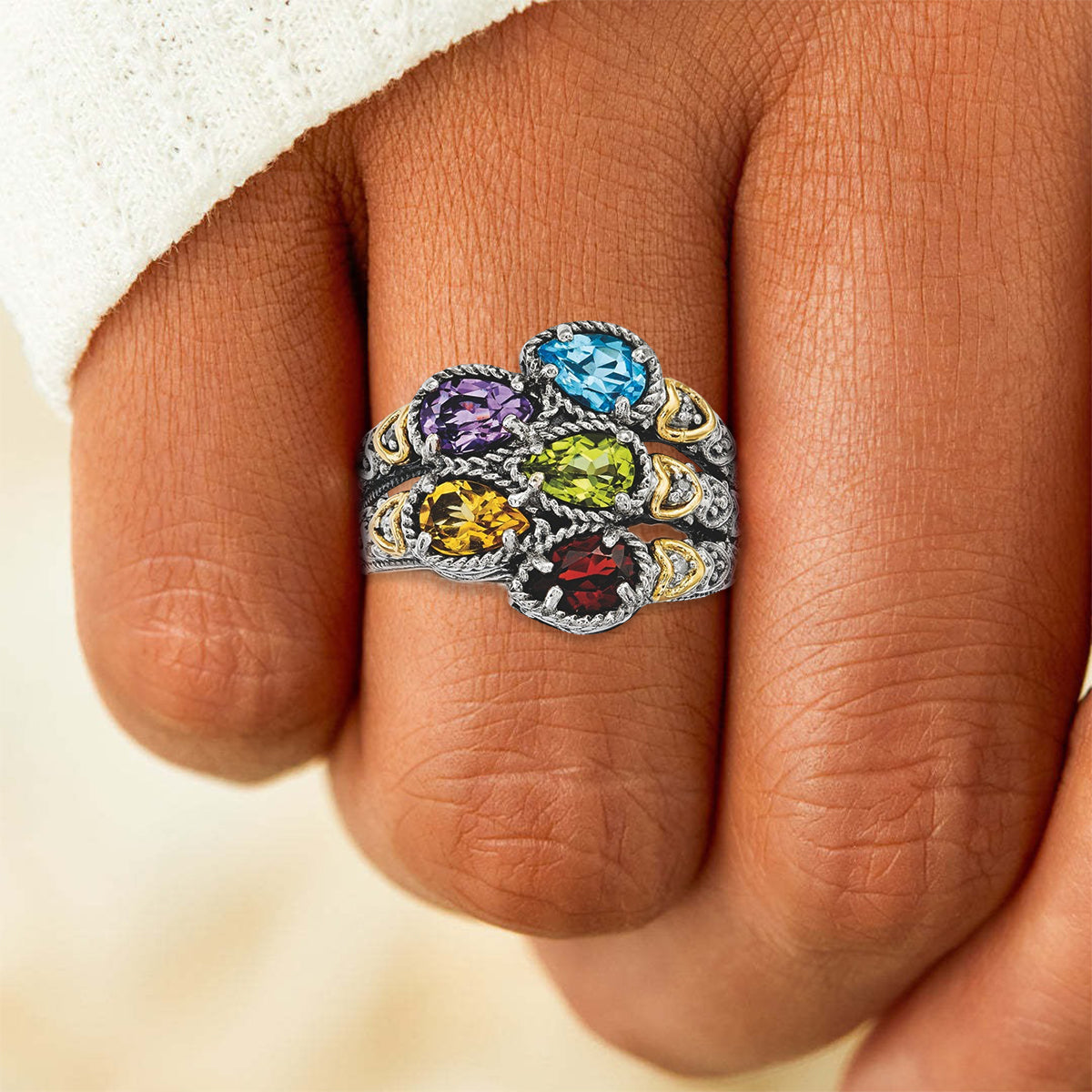 Personalized Family Cluster Mother's Birthstone Antiqued Ring 2 - 5 Stones