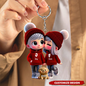 Cute Cartoon Couple You Me And The Dog Cat Personalized Keychain, Gift For Him, Her