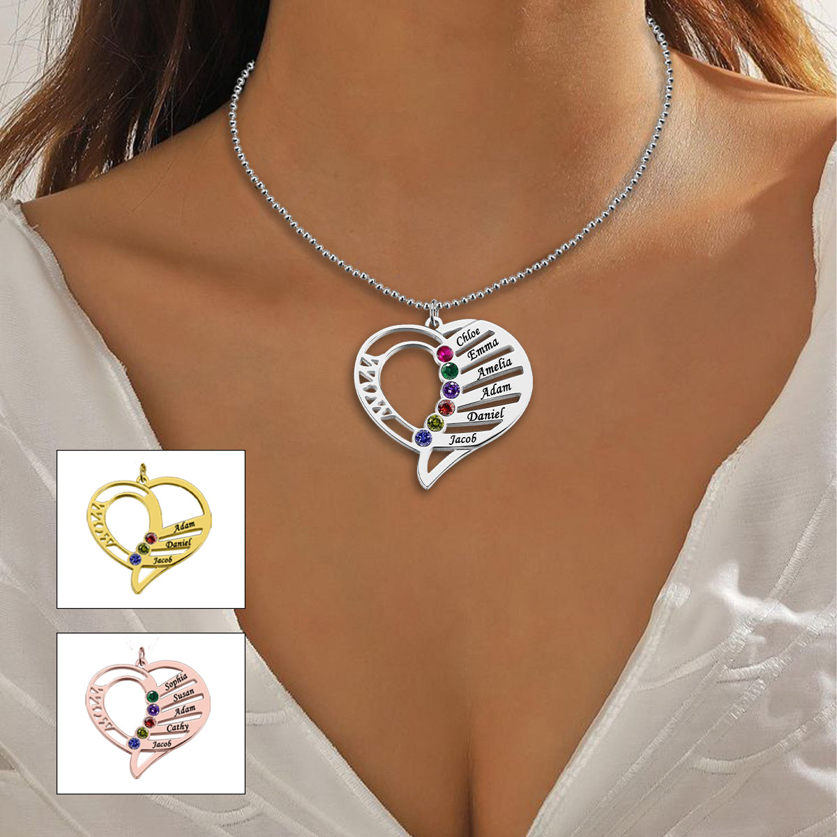 Personalized Heart-Shaped Family Birthstone Necklace