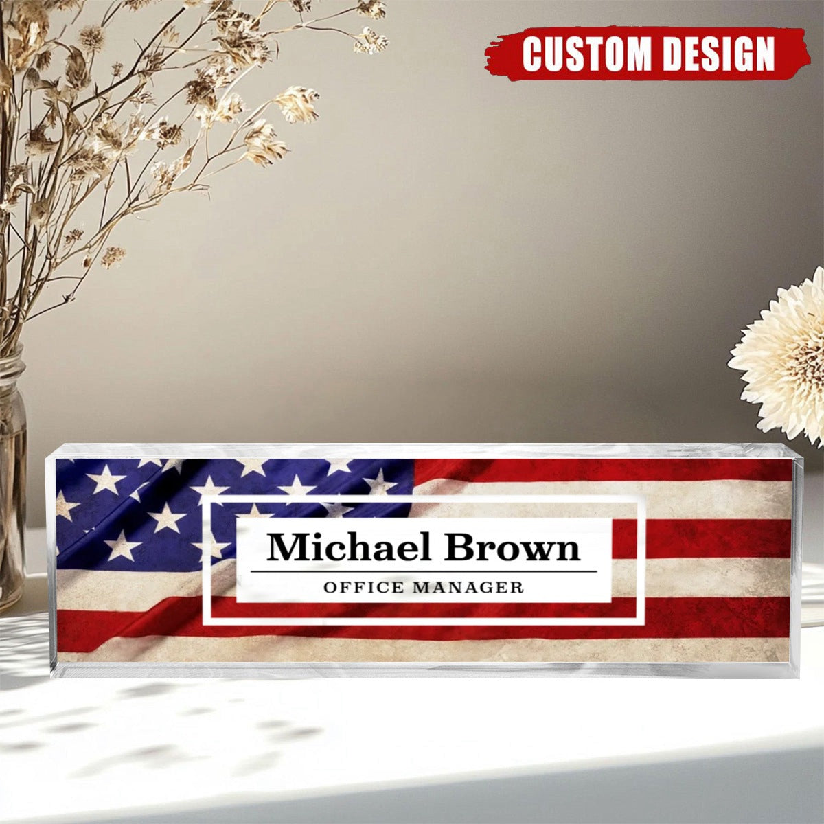 Personalized USA Flag Desk Name Plate, Patriotic Clear Acrylic Desk Plaque