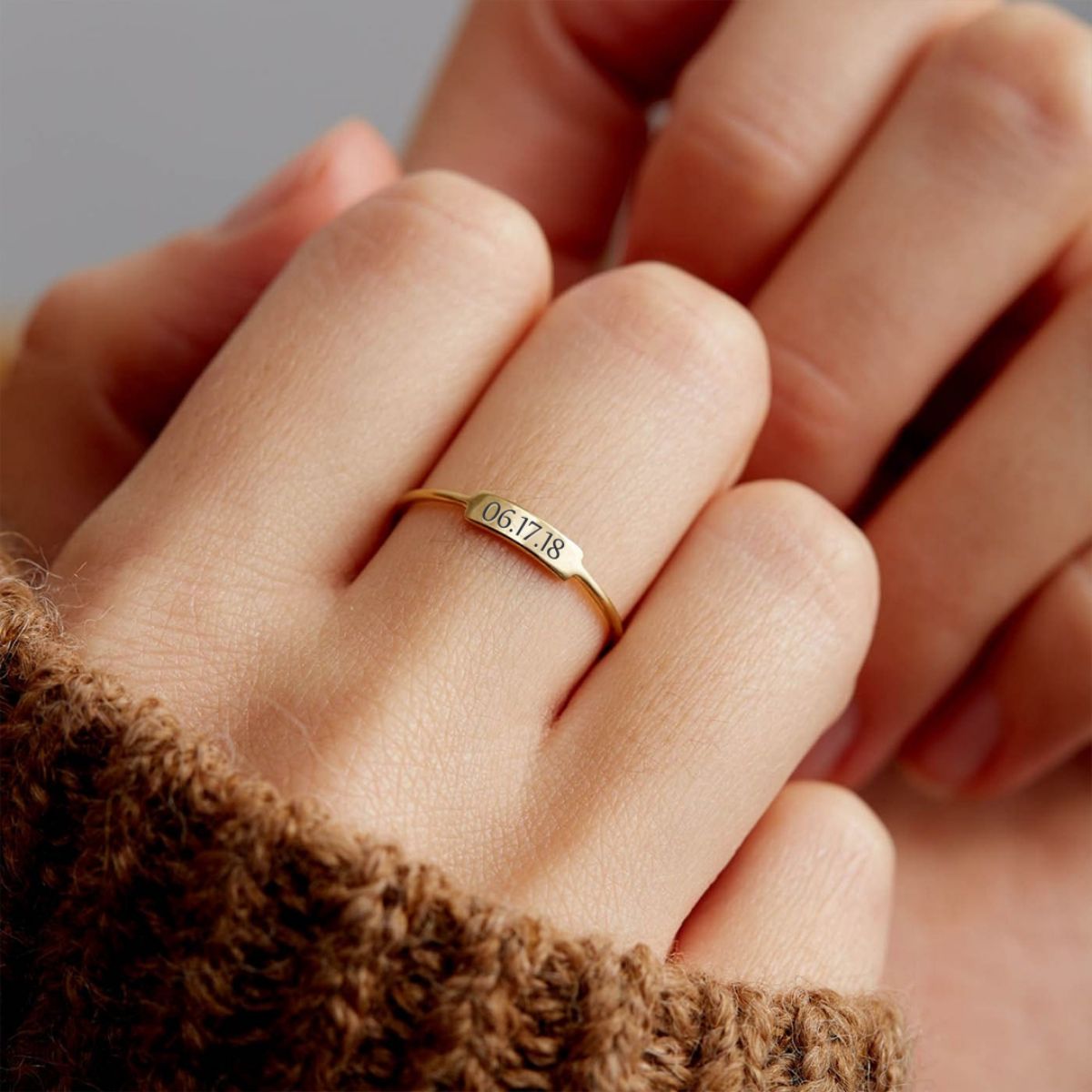 Personalized Delicate Dainty Bar Date Ring