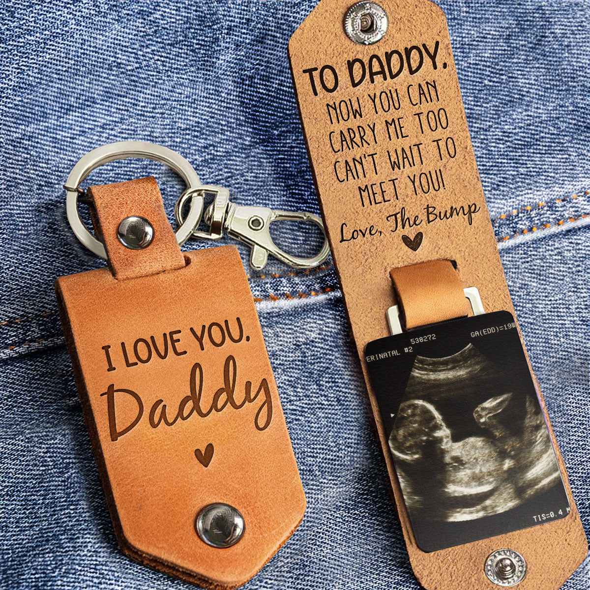 Personalized Daddy Can't Wait To Meet You From The Bump Leather Keychain