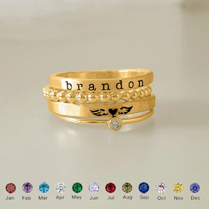 For Memorial - Angel Wing Personalized Birthstone Name Stacked Ring - 4 Rings Set