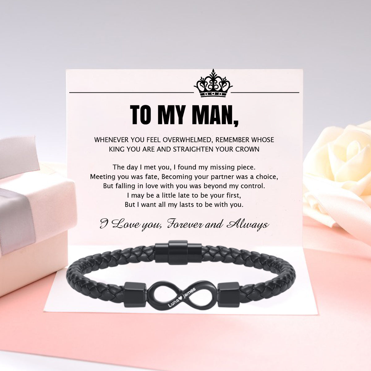 To My Man, Personalized Dual Name Infinity Leather Bracelet