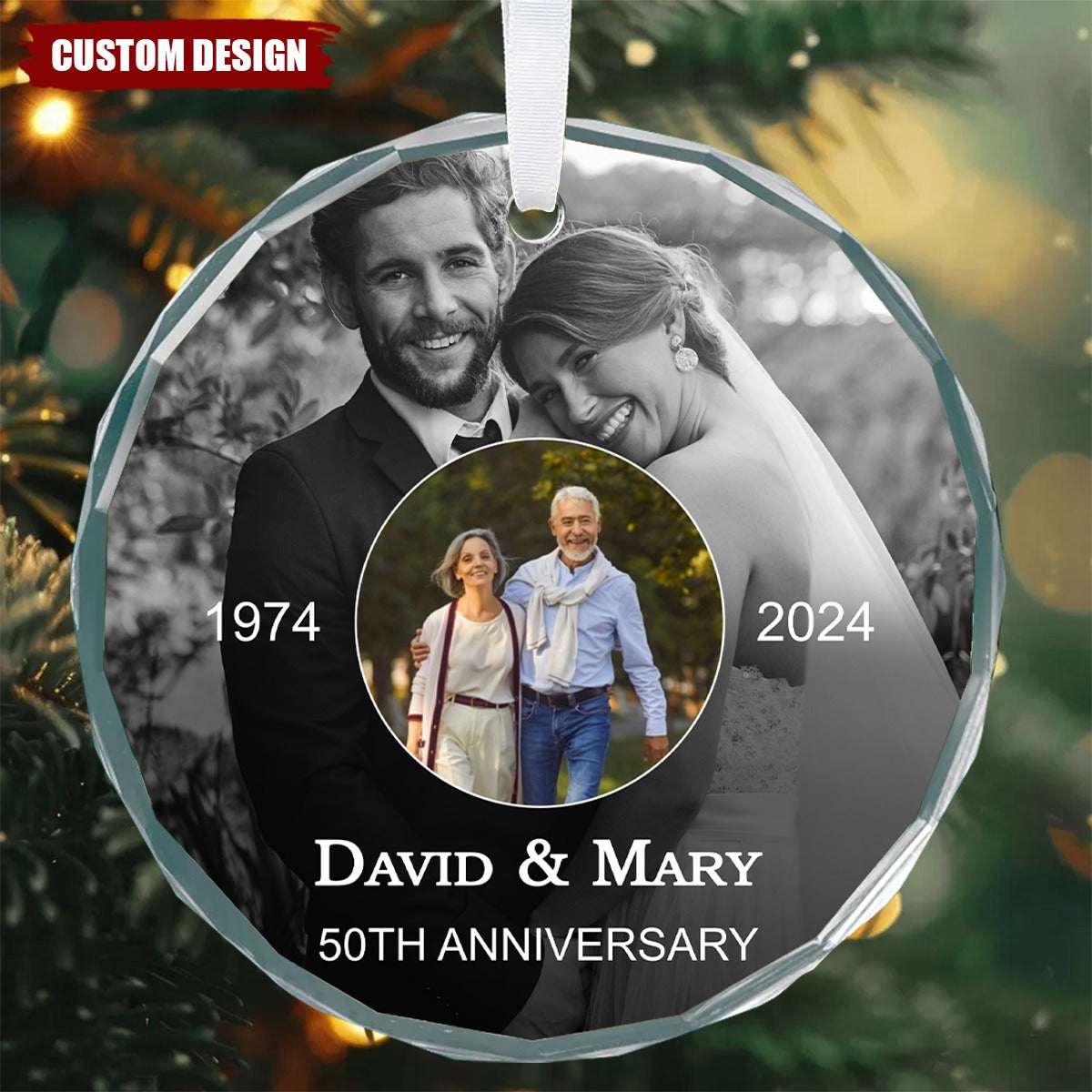 Then and Now Photos Anniversary Ornament, Personalized Wedding Glass Ornament