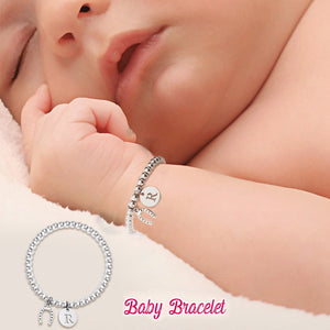 Personalized Lucky Horseshoe Elastic Bead Bracelet with Initial Birthday Baptism Gift for Kids