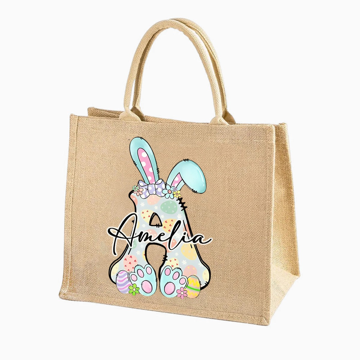 Personalized Cute Bow Easter Bunny Initial Jute Tote Bag, For Holding Easter Eggs Birthday Easter Party Gift for Kids