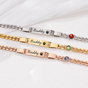 Engraved Pet Paw Name Birthstone Bracelet - Personalized Stainless Steel Bracelet