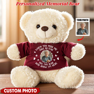 When You Miss Me Hug This Bear - Personalized Cute Plush Stuffed Memory Bear with Photo Shirt Memorial Gift