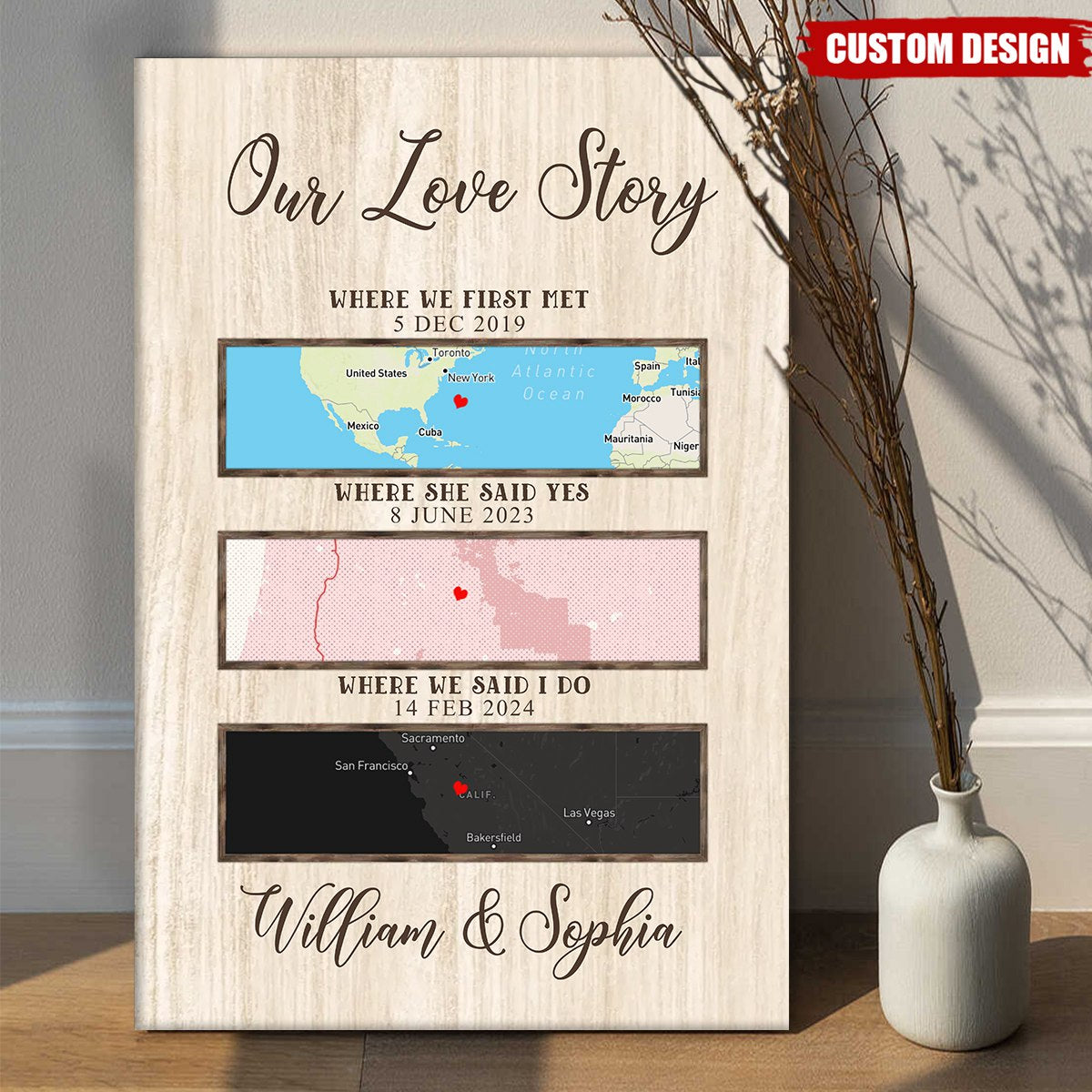 Our Love Story Map Gift, First Met Map Print, Personalized Street Maps Canvas