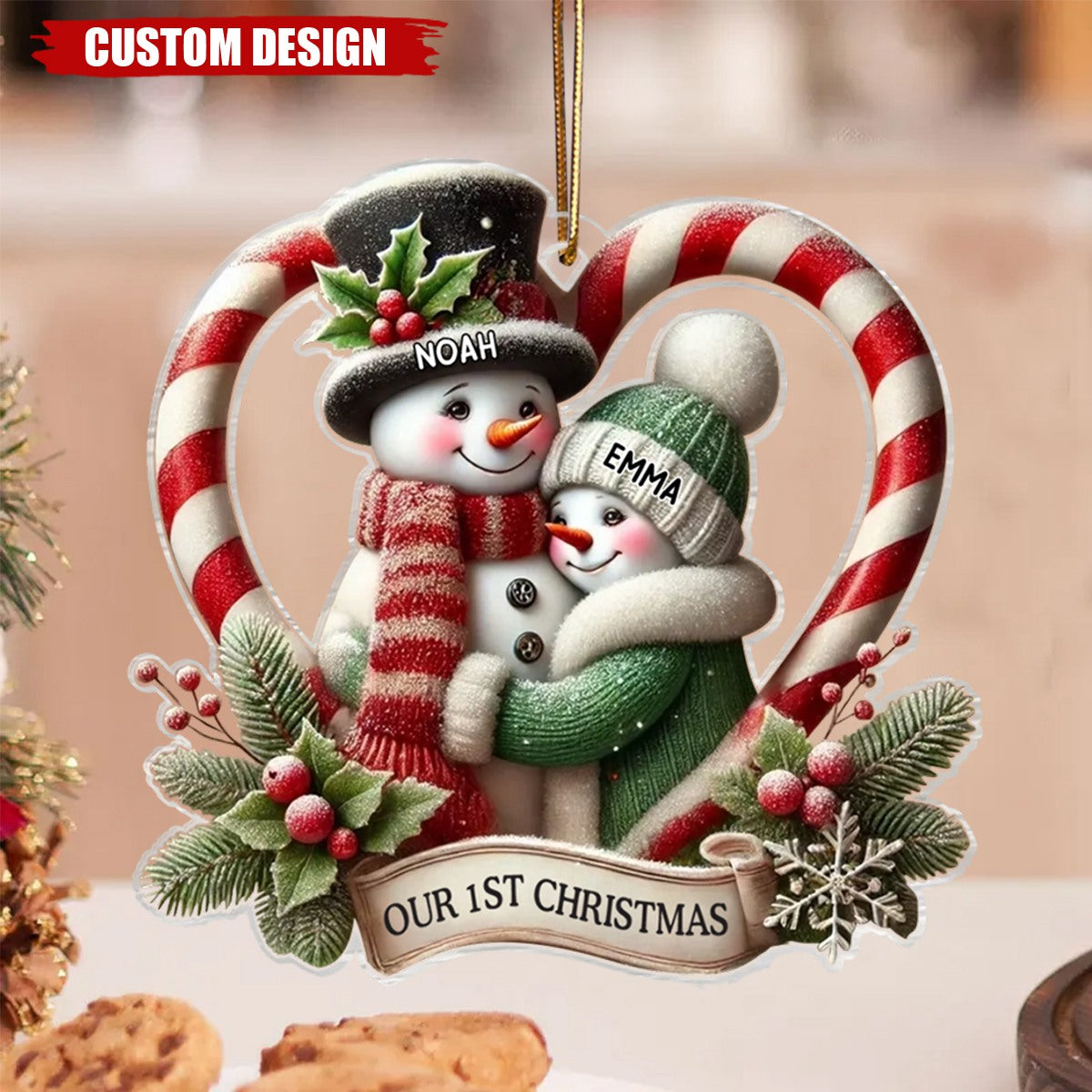 Snowman Couple First Christmas - Candy Cane Heart Personalized Acrylic Ornament