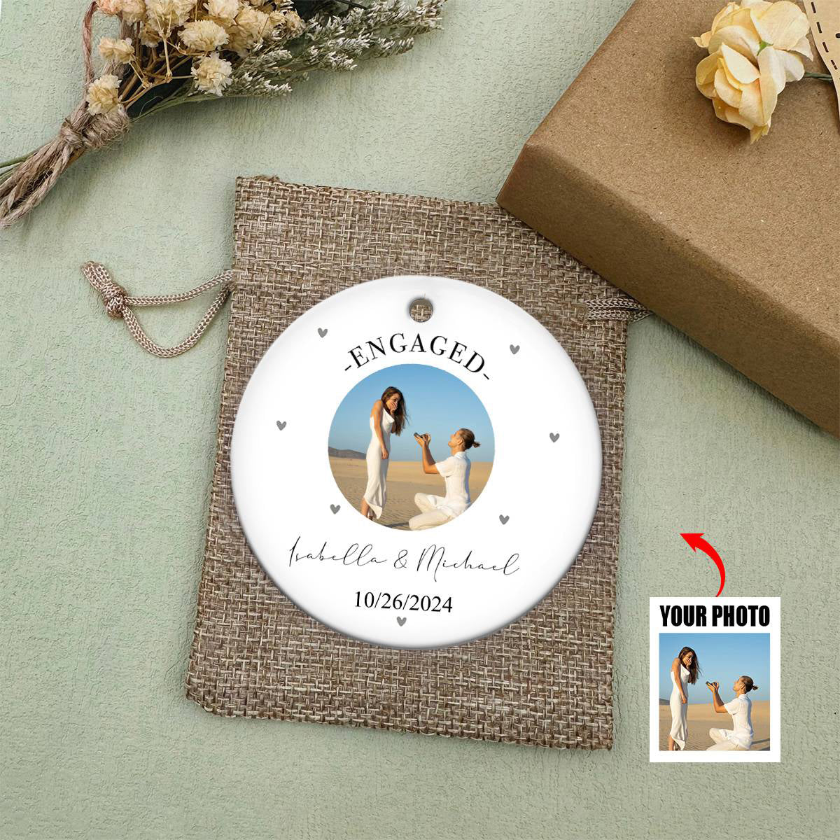 Engagement Ornament - Custom Photo Gift Ceramic Ornament