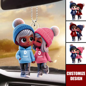 Cute Cartoon Couple Walking Personalized Car Ornament, Gift for him, her