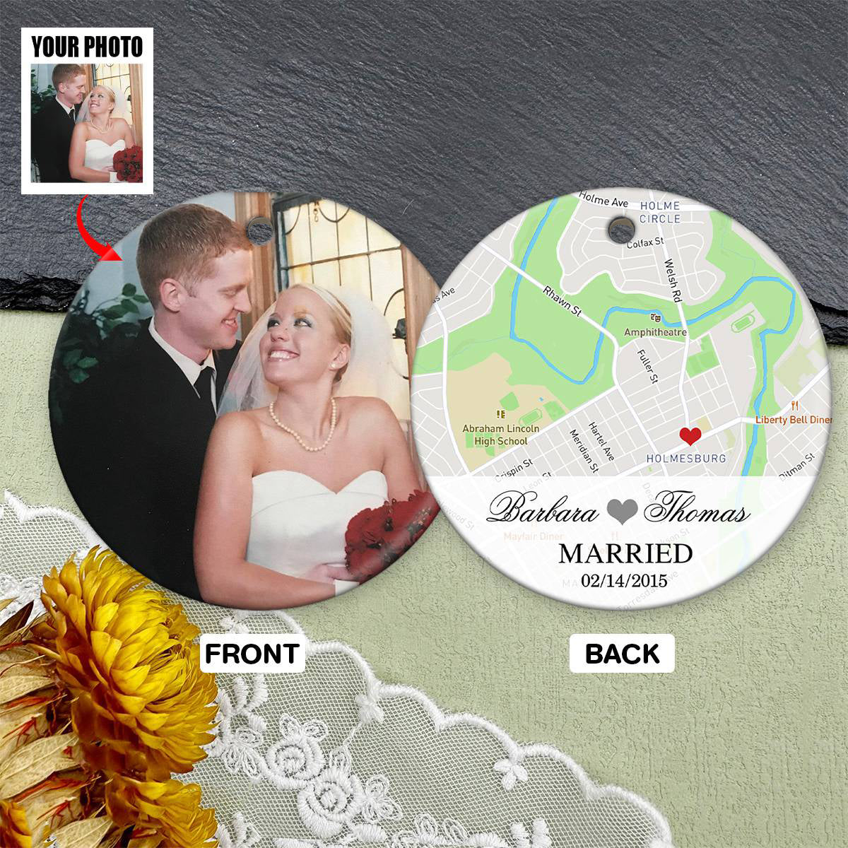 Engagement Ornament - Custom Map & Photo Gift Ceramic Ornament