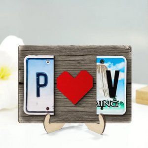 Custom License Plate Initials Couple with Red Heart Personalized Wooden Plaque