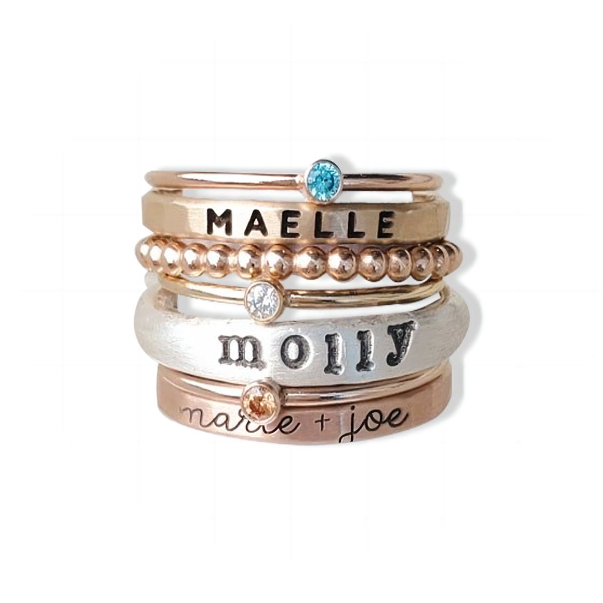 Personalized Mixed Metal Stackable Name Birthstone Ring Gifts