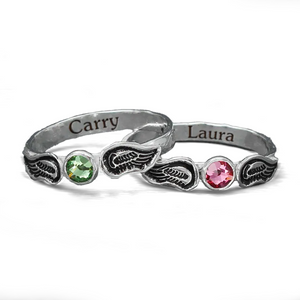 For Memorial - Personalized Name & Birthstone Angel Wing Ring