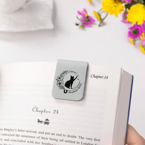 Personalized Cat Moon Birth Flower Magnetic Leather Bookmark Clip With Name