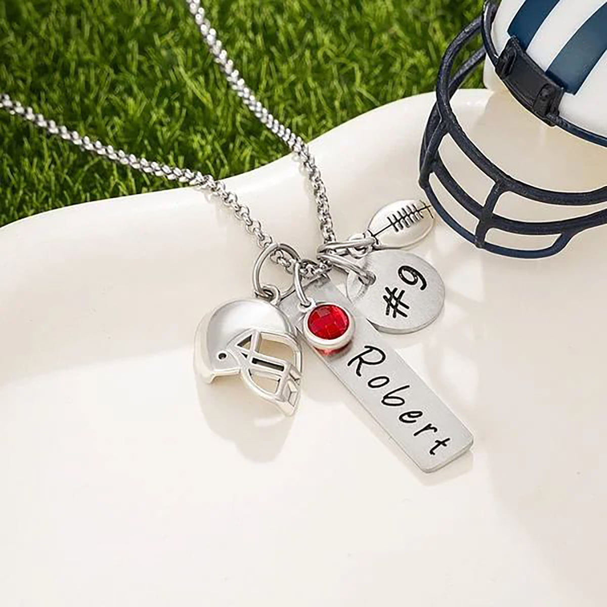 Personalized Birthstone Football Helmet Necklace with Engraved Name and Number Gift for Sports Lover