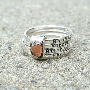 Personalized Mothers Rustic Stacking Rings with Heart