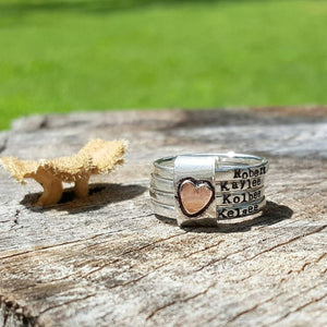 Personalized Mothers Rustic Stacking Rings with Heart