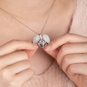 Personalized Heart Shape Angel Wing Photo Locket Necklace Anniversary Birthday Gift for Women