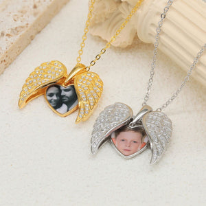 Personalized Heart Shape Angel Wing Photo Locket Necklace Anniversary Birthday Gift for Women