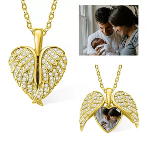 Personalized Heart Shape Angel Wing Photo Locket Necklace Anniversary Birthday Gift for Women