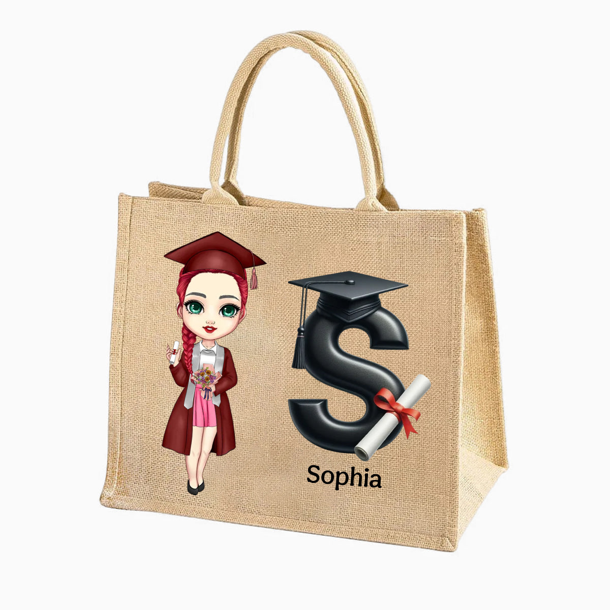 Personalized Graduation Cartoon Bachelor Hat Initial Jute Tote Bag