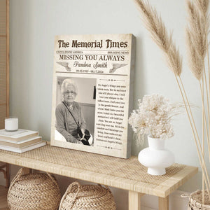 Personalized Memorial Newspaper Canvas Poster,Missing You Always Gift